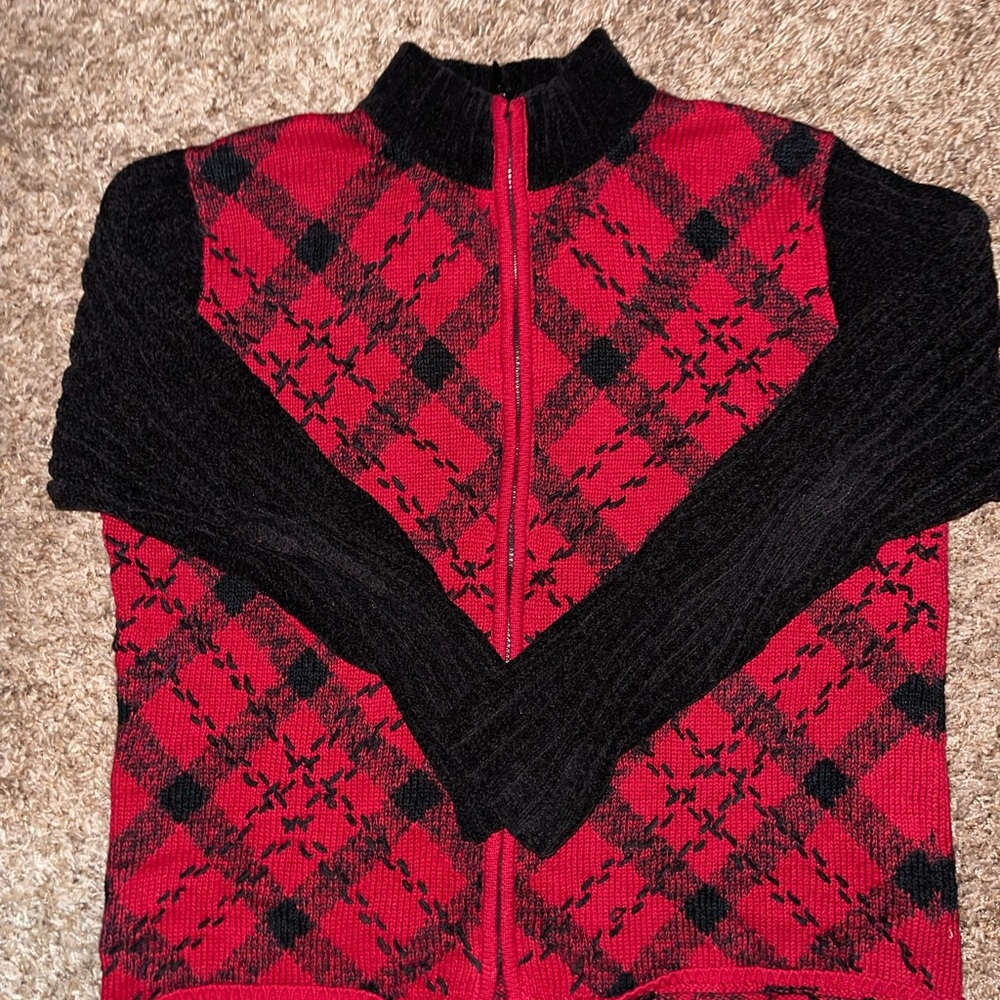 Coldwater Creek Red and Black Argyle Cardigan